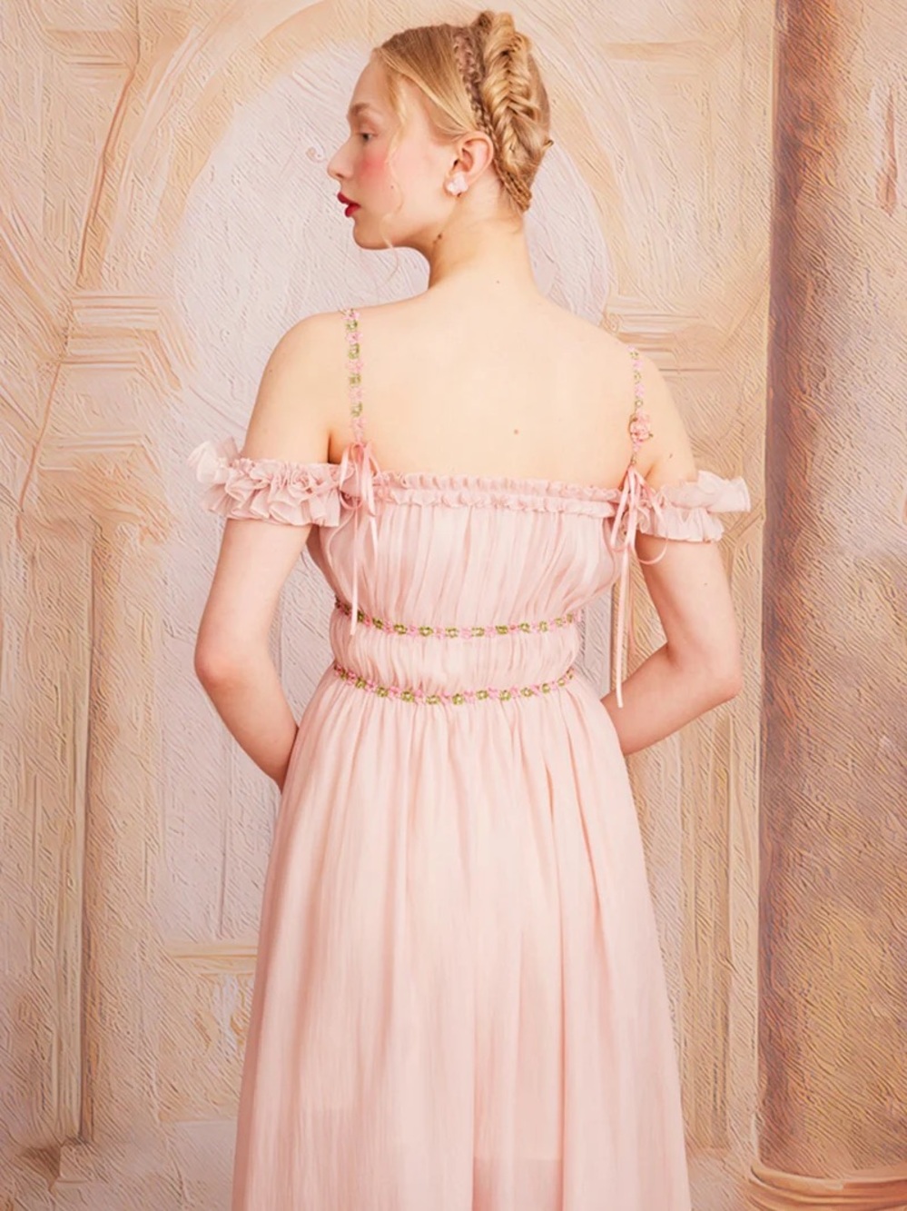 Blush Pink Off-Shoulder Dress with Floral Trim (Aurora Lacemade new with tag) - Picture 5 of 5
